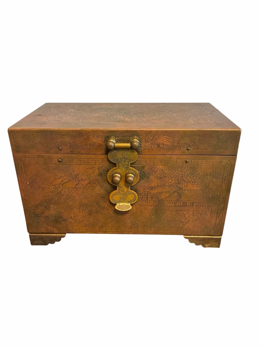 Vintage Chinese Engraved Brass Lacquered Jewelry Box